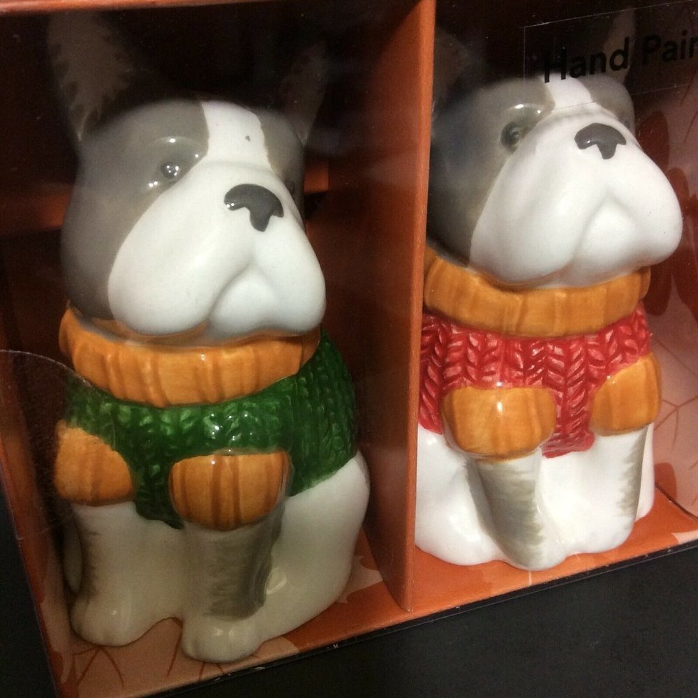 DOGS In Sweaters Handpainted Salt and Pepper Shakers Celebrate Fall Together